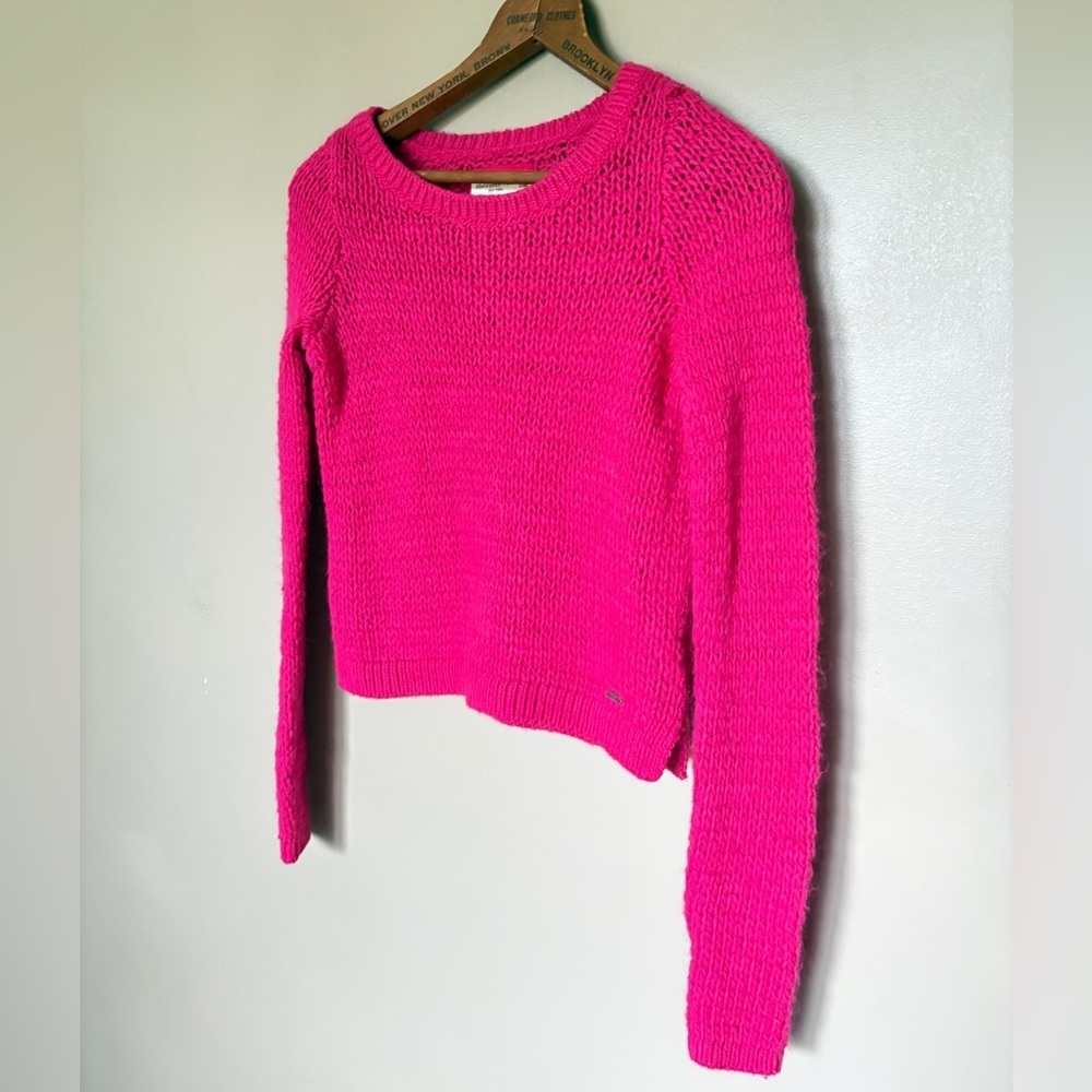 Abercrombie & Fitch hot pink sweater chunky open neck cropped Barbiecore S EUC - Picture 2 of 14